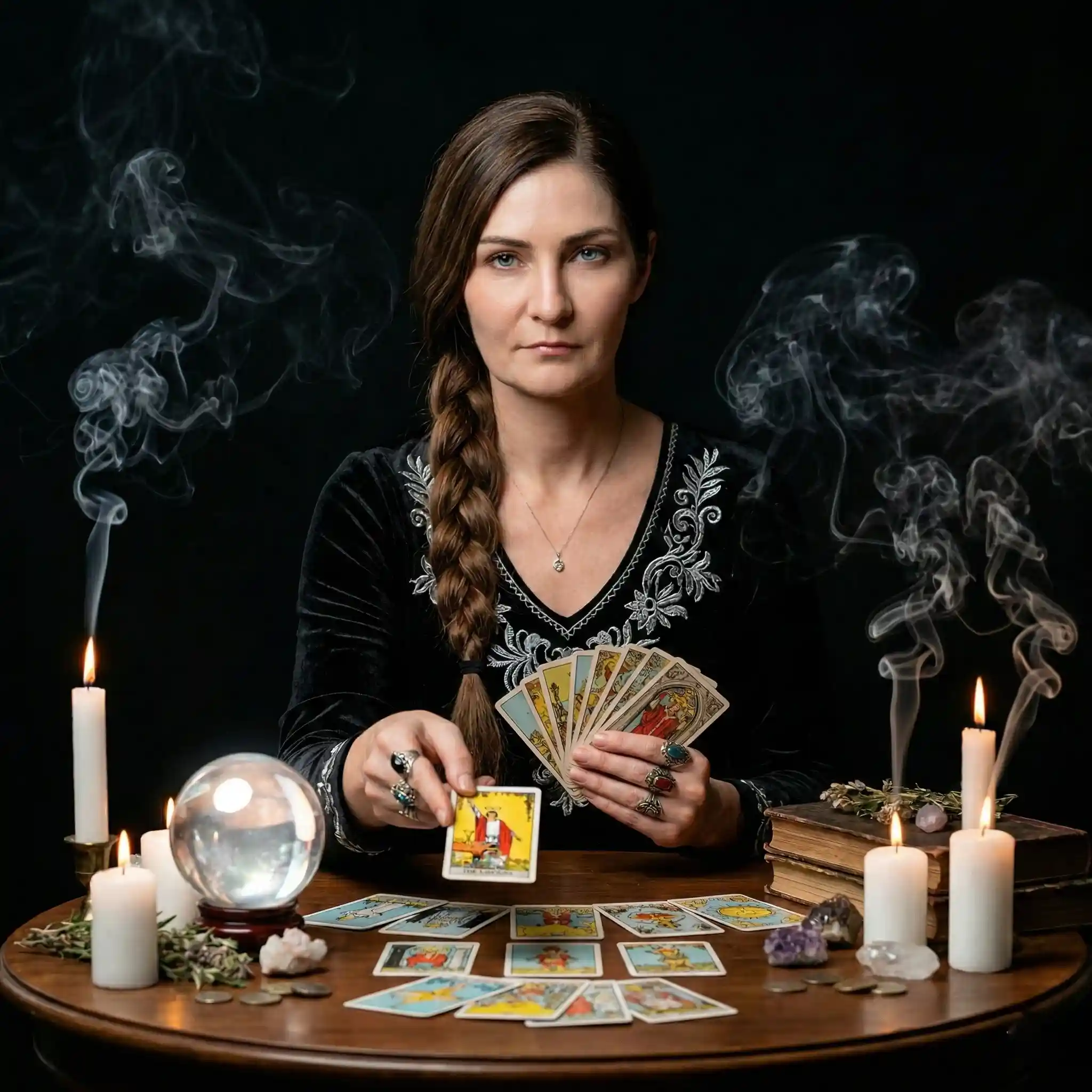 Обряд гадания на Таро — гадалка проводит эзотерический ритуал при свечах